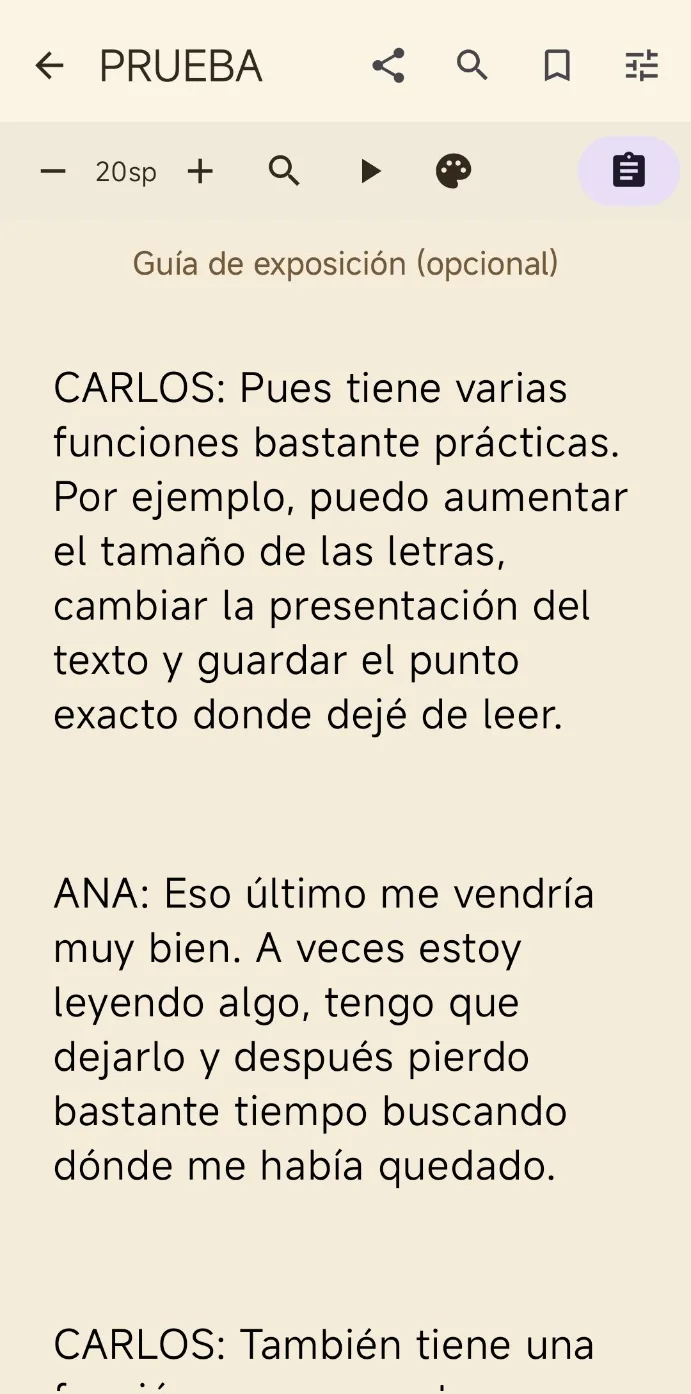 Documento de ejemplo con texto grande, botones de lectura y controles de Lector Fácil.