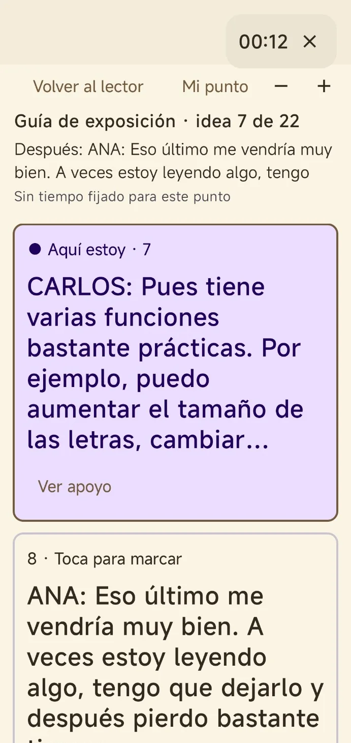 Guía de exposición con temporizador e intervenciones de Ana y Carlos de un texto de prueba.