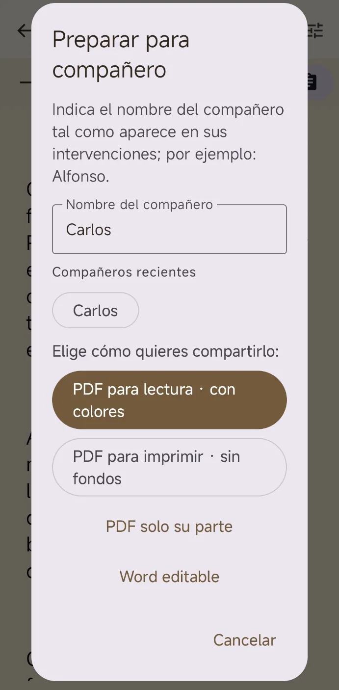 Cuadro Preparar para compañero con nombre Carlos y opciones PDF y Word.