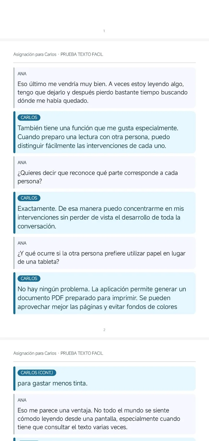 PDF de lectura con intervenciones de Ana y Carlos diferenciadas por colores.