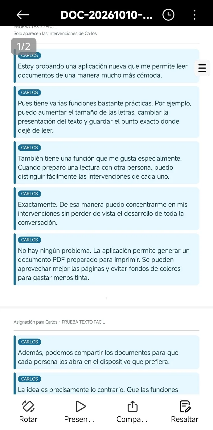PDF que muestra únicamente las intervenciones de Carlos, del texto de ejemplo.