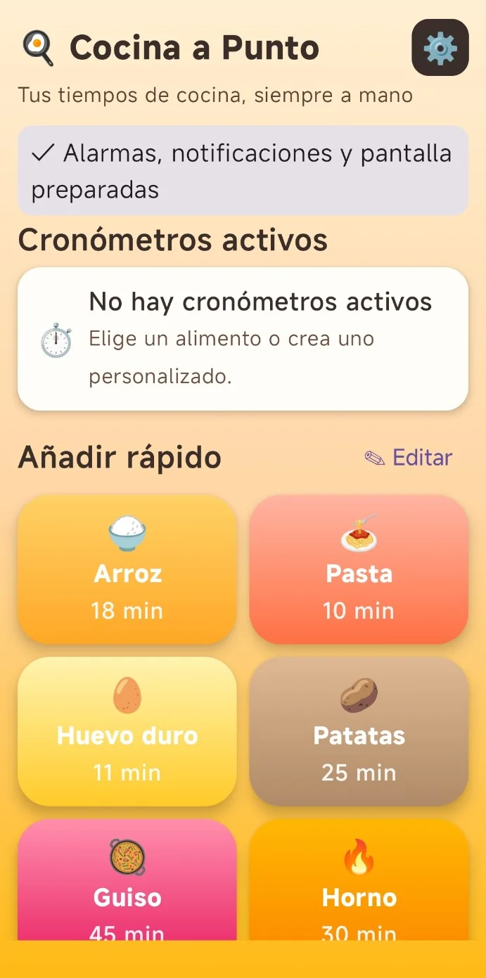 Pantalla principal real de Cocina a Punto con cronómetros rápidos