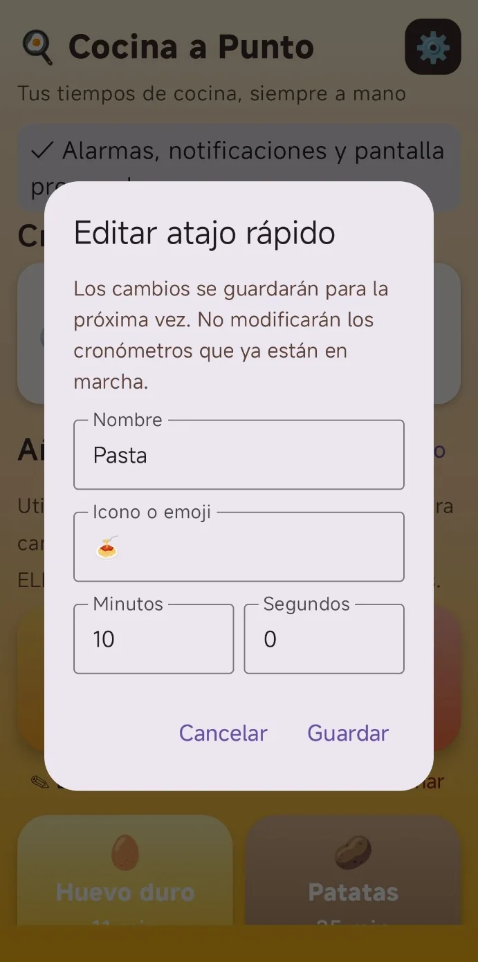 Captura real de Cocina a Punto: Editar los tiempos