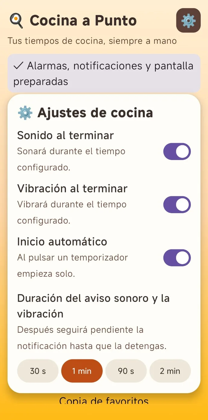 Captura real de Cocina a Punto: Alarmas y notificaciones