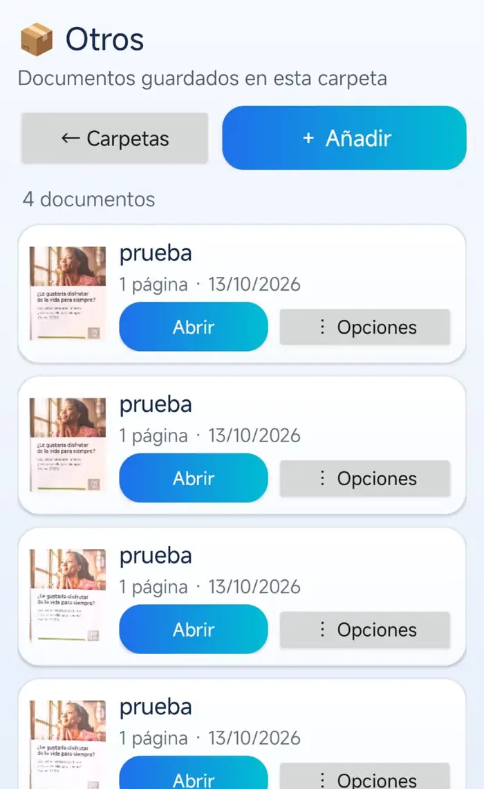 Carpeta con miniaturas de documentos de prueba y opciones de gestión