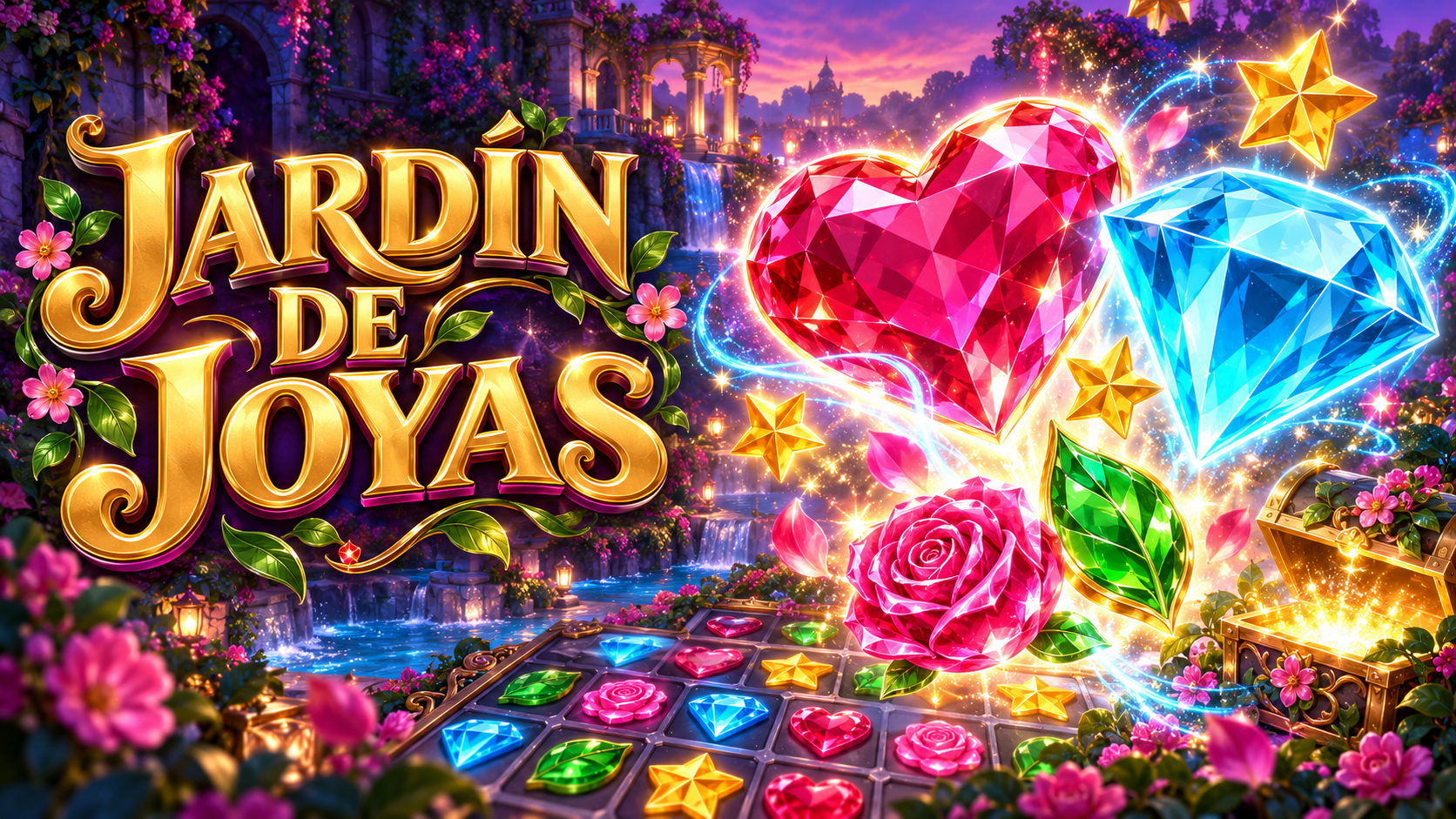 Portada ilustrada de Jardín de Joyas: un corazón rubí, un diamante azul y estrellas doradas iluminan un jardín mágico