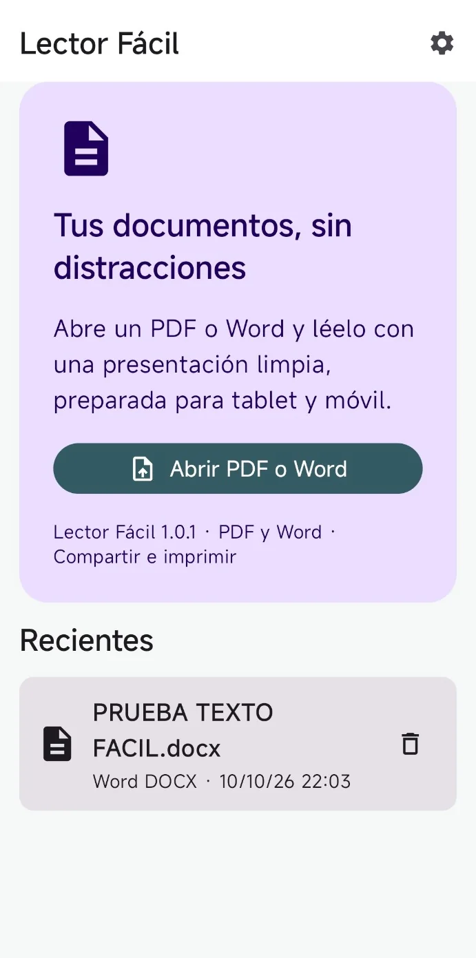 Pantalla principal real de Lector Fácil 1.0.1: botón Abrir PDF o Word y documento de ejemplo