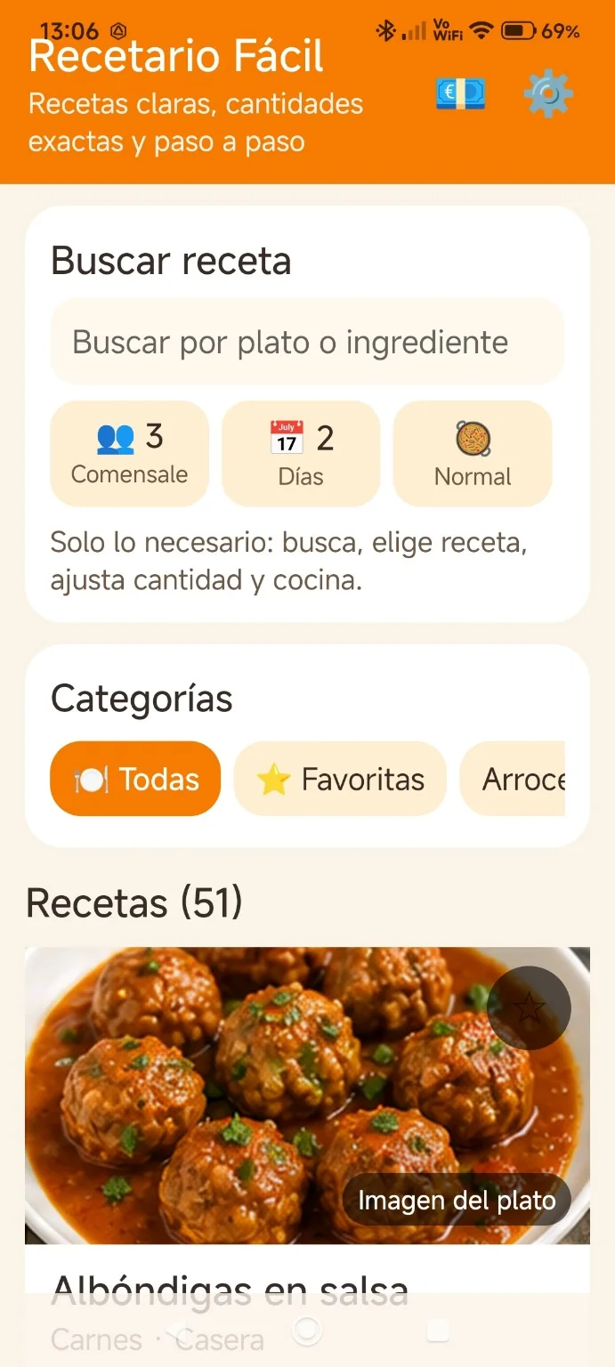 Pantalla principal con el buscador y categorías de Recetario Fácil
