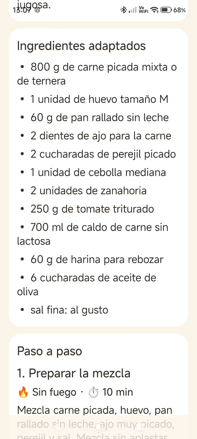 Lista de ingredientes adaptados a la preparación