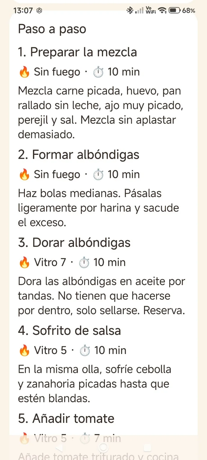 Pasos numerados con tiempo y potencia de cocción