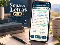 Portada realista de Sopa de Letras PRO con el juego en un teléfono móvil.